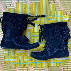 Minnetonka Black Suede Fringe Moccasin Boots